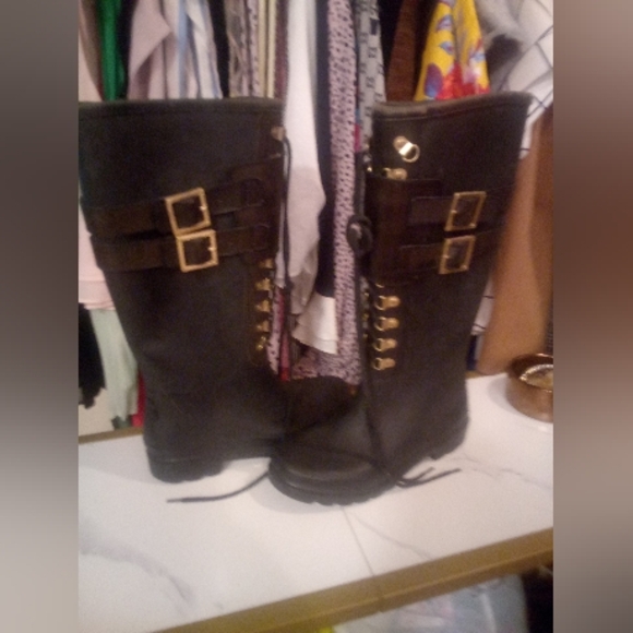 Tory Burch Goth Tall calf length rubber rain combat boots black gold lace up - Picture 10 of 16